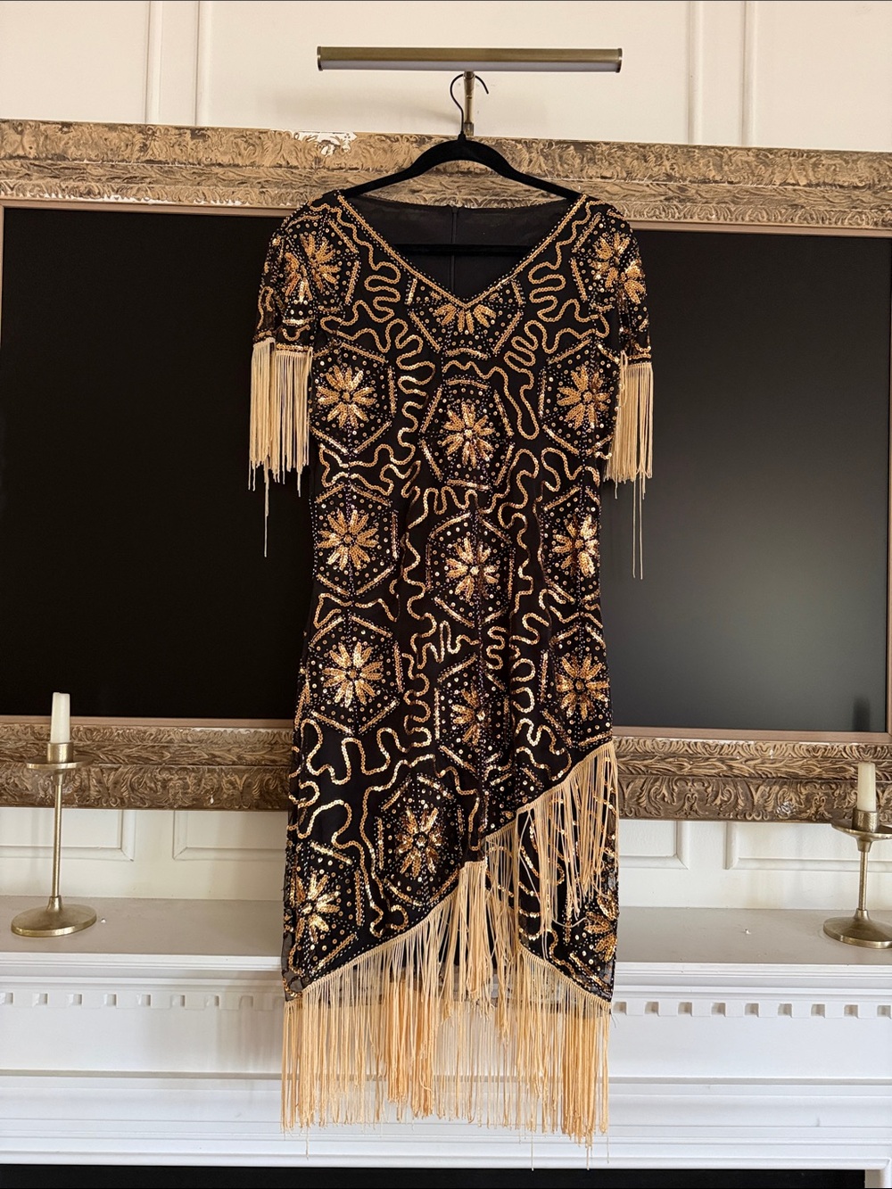 Black & Gold Beaded Fringe Evening Dress
